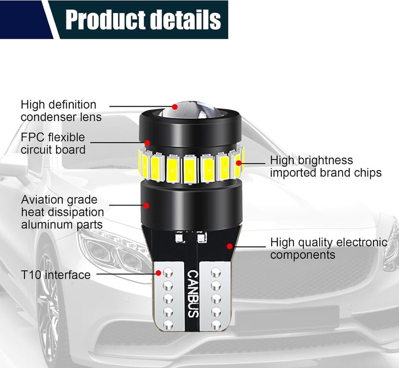 ZKFAR 2 PCS T10 LED Bulbs, 18SMD 3014 1SMD 3030 Chipset, 155 Lumens Super Bright Light 6500K White Light, Car LED Width Light Side Marker Light - Image 3